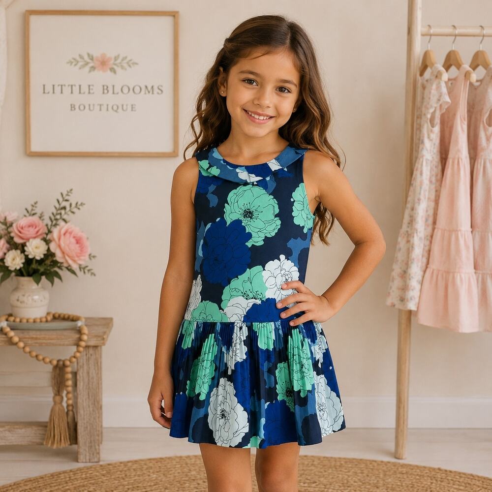 Janie & Jack Blue Floral Sleeveless Drop Waist Dress 2T